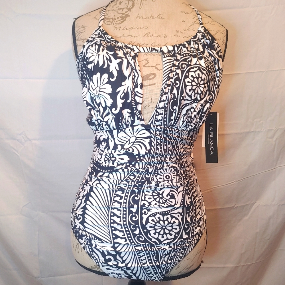 La Blanca High-Neck Keyhole One Piece Black & White Floral Paisley One Piece NWT